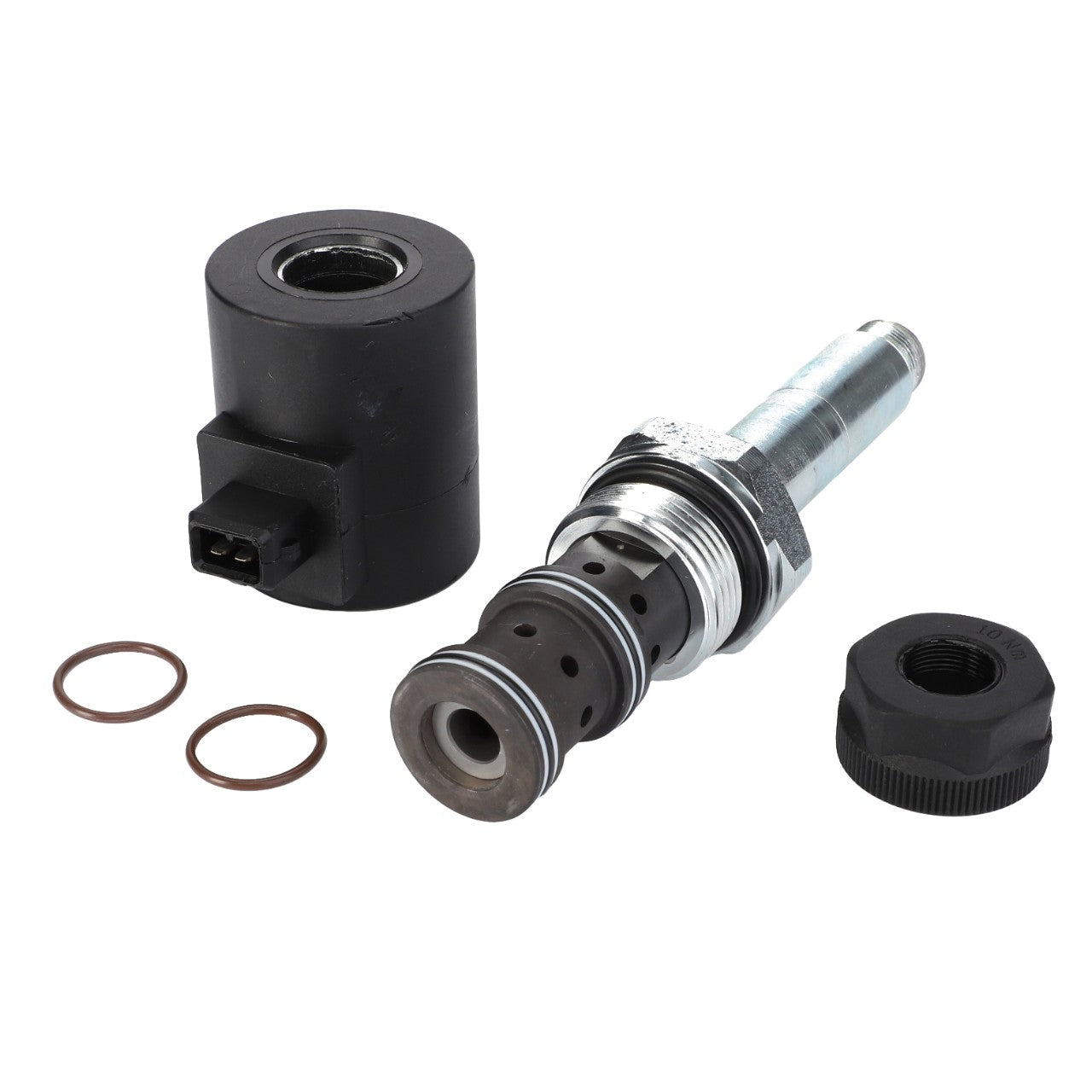 Image of the AGCO Solenoid - 3799101M3 with accompanying components including a solenoid coil, metal valve body, two O-rings, and a threaded cap. This robust assembly fits seamlessly into Fendt models and ensures optimal performance in demanding conditions.