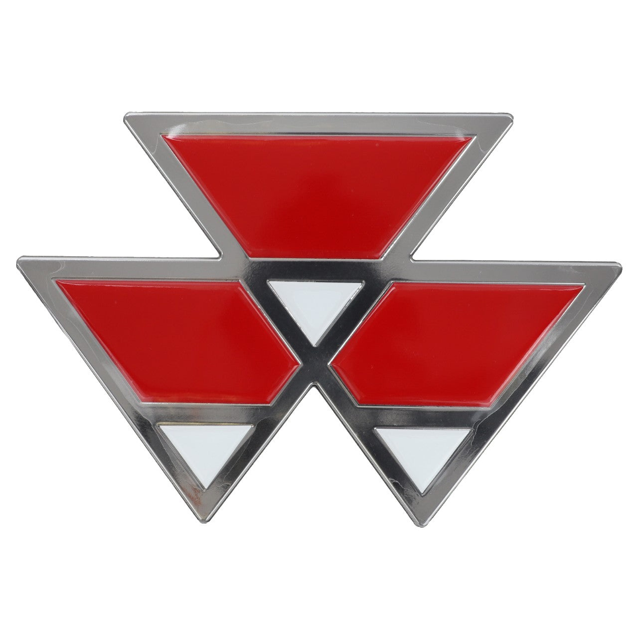 A geometric logo featuring three red triangles and two small white triangles symmetrically arranged, all bordered by a sleek metallic silver outline, is depicted in the AGCO | Massey Ferguson Decal - Acw2834540 by AGCO.