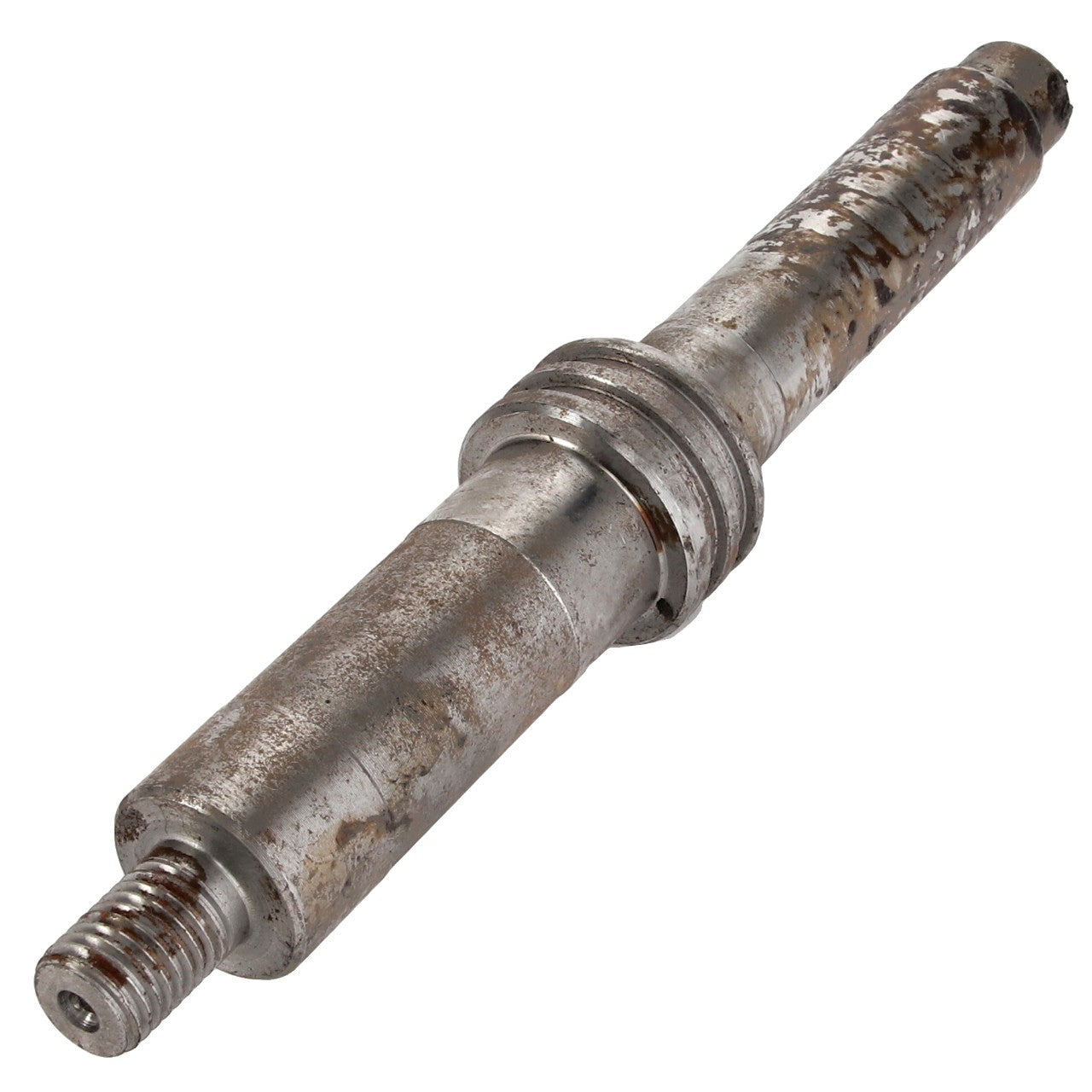 A close-up of the AGCO | SHAFT - ACY1230130, a metal spindle with visible rust and wear, showcasing threaded ends and a central collar. No current product description information is available.