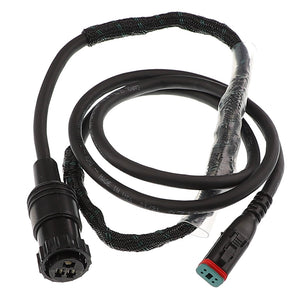 The AGCO | Cab Harness - Acw4918670 by AGCO is a black cable featuring a circular connector on one end and a rectangular connector on the other, partially wrapped in a protective braided sleeve. Further specifications are currently unavailable.