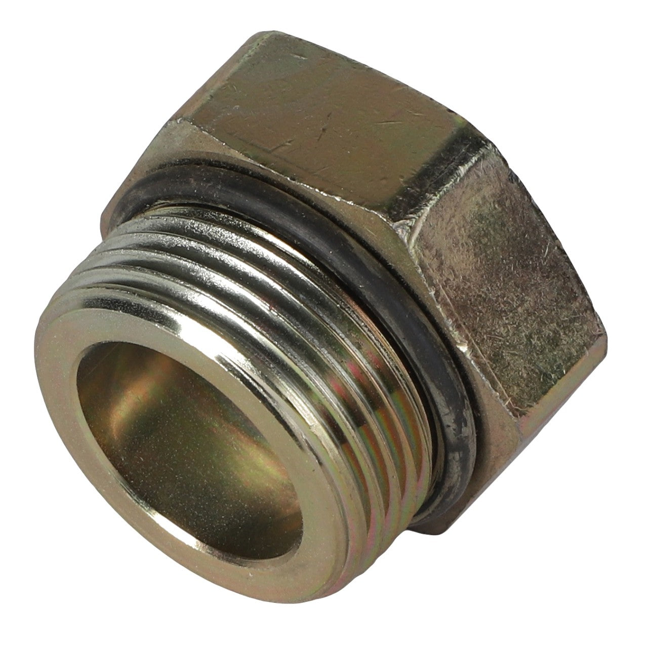 The AGCO | PLUG - AG831500, a metal hexagonal pipe fitting with male threads and a black rubber O-ring, currently has no product description information available.