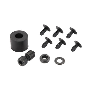 Set of AGCO mechanical hardware featuring a cylindrical spacer, a bolt, a nut, a washer, and six push-type fasteners (Buffer - F524500033060), perfect for various assembly needs.