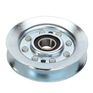 The AGCO | PULLEY - CG1256015550 is a metal pulley featuring a central bearing and six evenly spaced holes around it. Its surface boasts a slightly reflective, silver finish. Currently, no additional product description information is available.