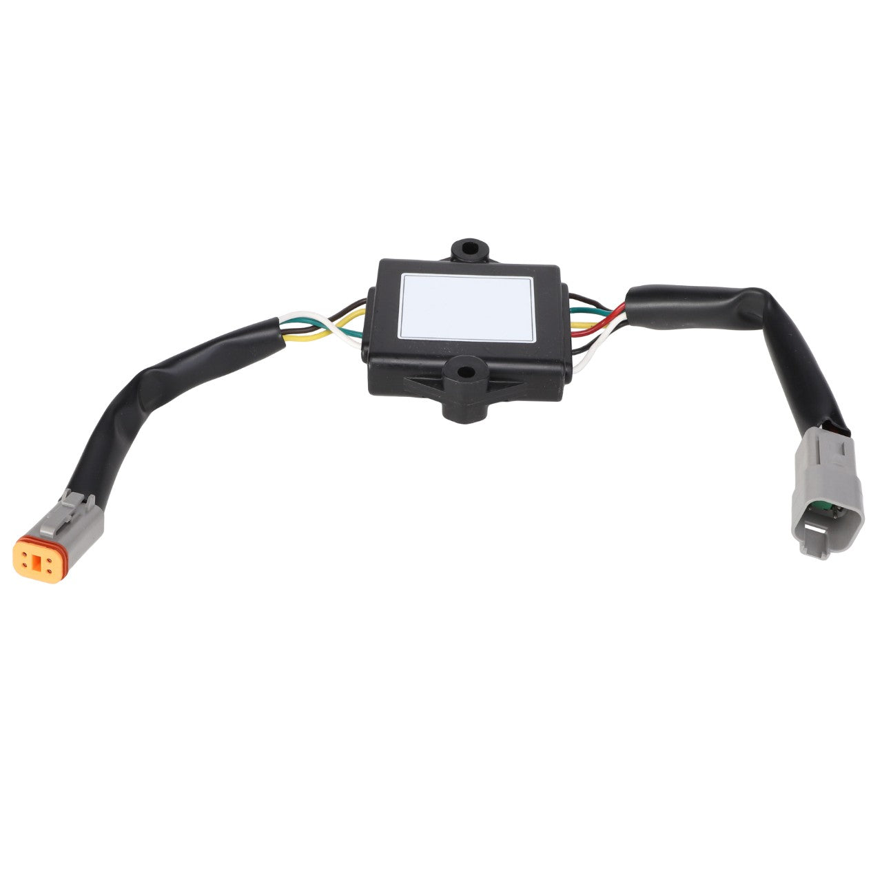 The AGCO | FLASHER MODULE - SN18853, featuring wiring harnesses extending from both sides and connectors at the ends, is available for ordering. For any questions, our support team is ready to assist you.