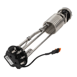 The AGCO | Def Sensor - Acw288811A is a durable metal industrial heating element with a coiled design, connected to a sturdy black circular base and featuring a cable with an eye-catching orange plug.