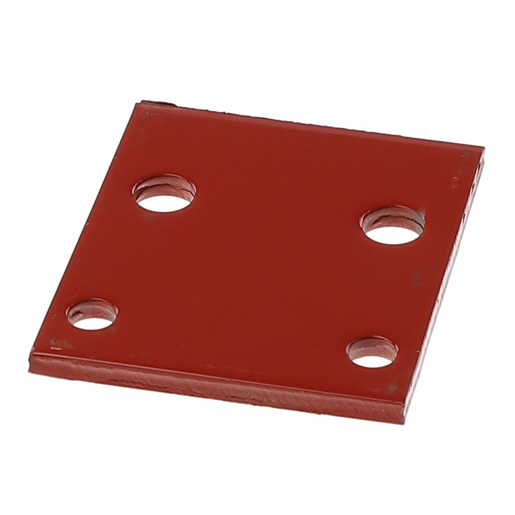 The AGCO Knife Reinforcement - Acx2478170 is a square, red metal plate featuring four circular holes, one near each corner. No current product description information is available.