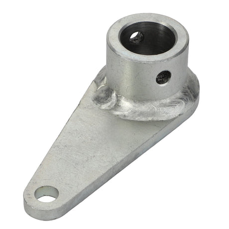 The AGCO | Lever - Acp0666120 by AGCO is a metal bracket with a cylindrical component attached to a triangular base, featuring holes at each end. No Current Product Description Available for further details.