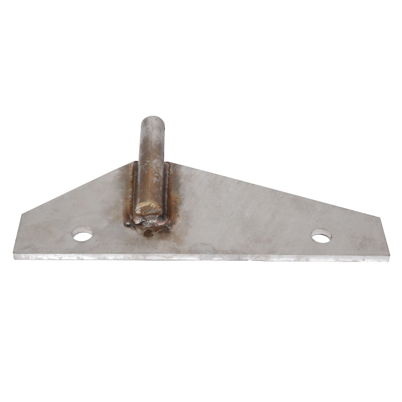 The AGCO | TORQUE ARM - AG722876, a flat, triangular metal bracket with a vertical cylindrical pin welded to it, features two holes near the edges for mounting. Currently, no additional product description information is available.