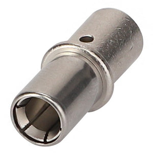 Close-up image of the AGCO | Socket Contact - 816900043210 by AGCO, a cylindrical metal coaxial cable connector featuring a side hole and slotted end, highlighting its intricate design.