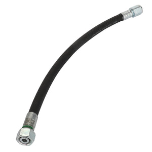 The AGCO Hydraulic Hose - Acx2831590 is a high-performance black rubber hose with metal connectors at each end, designed to be abrasion-resistant for heavy-duty use.