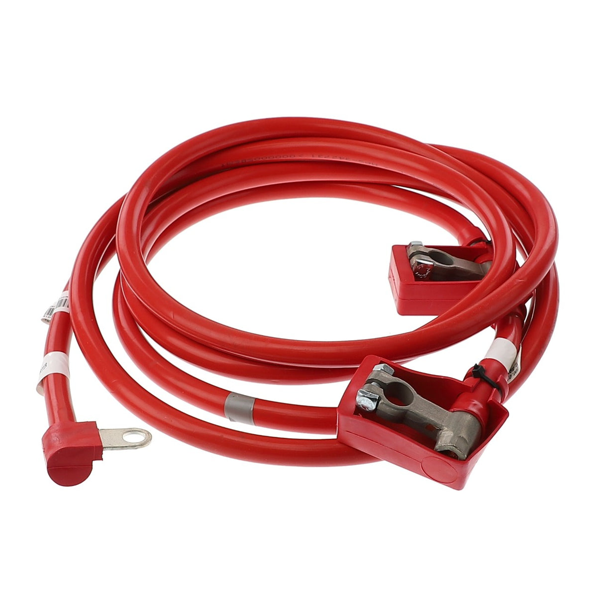 A coiled red battery cable with metal terminal connectors at both ends, the AGCO Positive Battery Cable - Acw1396120 from AGCO, prepared for use with a vehicle battery.