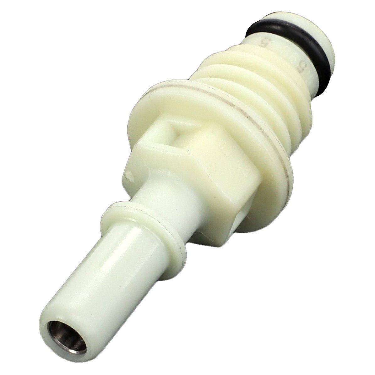 The AGCO | Def Connector - Acp0400770 is a white plastic quick-connect fitting featuring an O-ring at one end and a metal interior visible at the other, specifically designed for fluid transfer systems. Currently, there is no additional product description available.