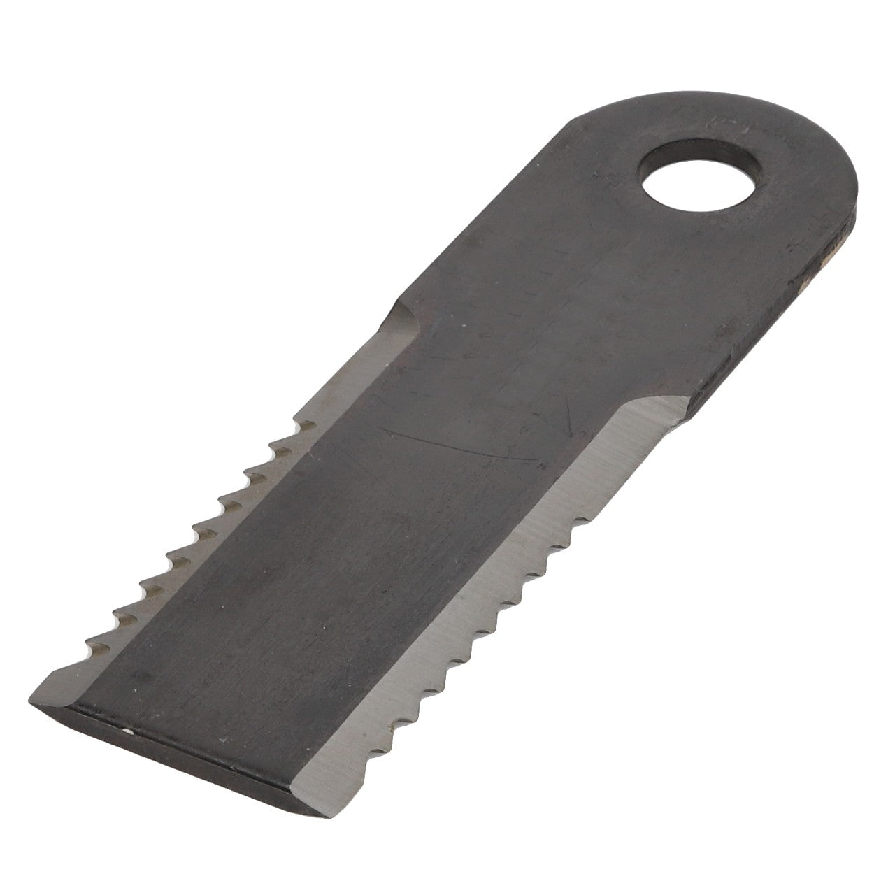 The AGCO KNIFE - D49017800 is a metal blade featuring a serrated edge and a distinctive circular hole at one end.