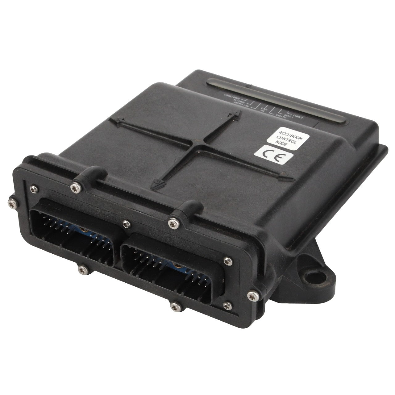 The AGCO | BOX - AG426332 is a black electronic control unit (ECU) featuring labeled connectors, screws, and a sticker displaying specifications and certifications. Designed for automotive or industrial use, this ECU is ideal for accurate spraying applications and ensures fuel and chemical savings through automatic section control.