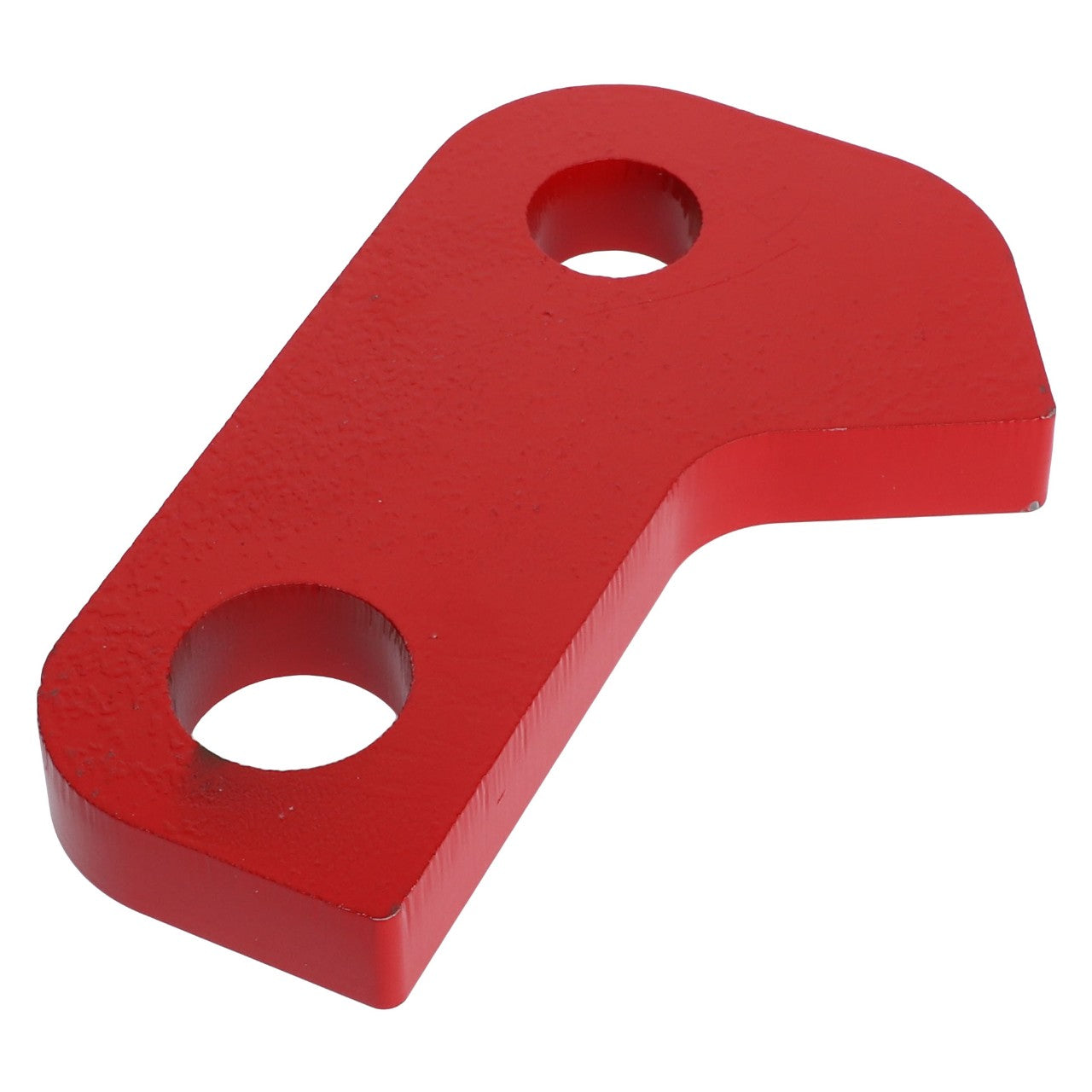 A red, flat metal bracket with two circular holes and an angled edge. Officially known as the AGCO Float Link Plate - Acx3075390.