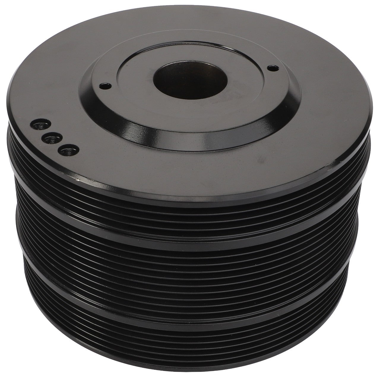 The AGCO Water Pump Multi-Ribbed Pulley - Acw2496690 is a black, multi-grooved automotive pulley featuring a central hole and three small drilled holes on one side. Specific application details are not available.