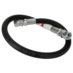 The AGCO | Hydraulic Hose - Acp0028550 features a black design with metallic fittings on both ends and "Made in USA" text along its length, highlighting not only its robust construction but also the added assurance of American craftsmanship.