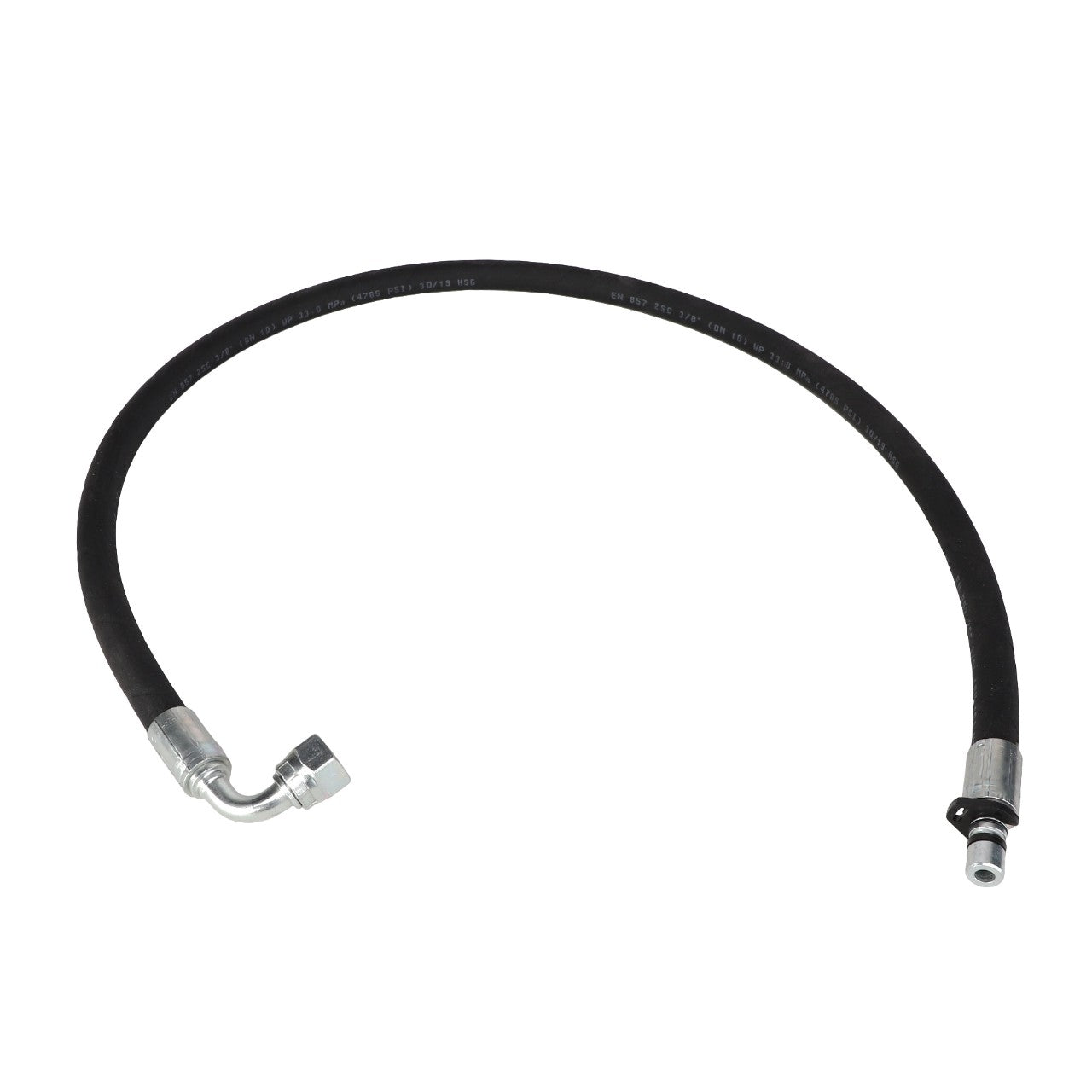 A flexible black hydraulic hose with metallic fittings on both ends, one straight and one elbow-shaped, labeled as AGCO | HOSE - AL9032605, laid on a white background. No current product description information available.