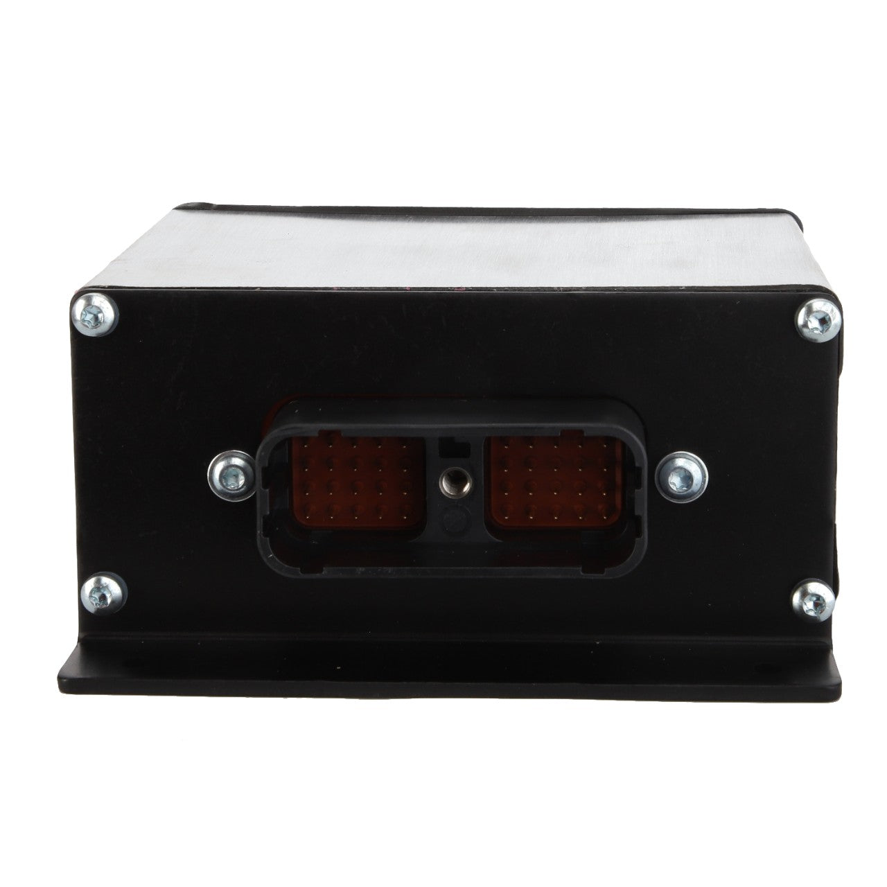 The AGCO CONTROL BOX - AG521476 is a black rectangular electronic component featuring multiple pin connectors on one side, enclosed in a sturdy metal casing and secured with screws at each corner. Currently, no additional product description information is available.