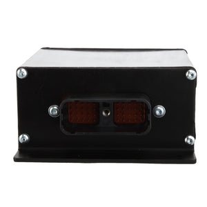 The AGCO CONTROL BOX - AG521476 is a black rectangular electronic component featuring multiple pin connectors on one side, enclosed in a sturdy metal casing and secured with screws at each corner. Currently, no additional product description information is available.