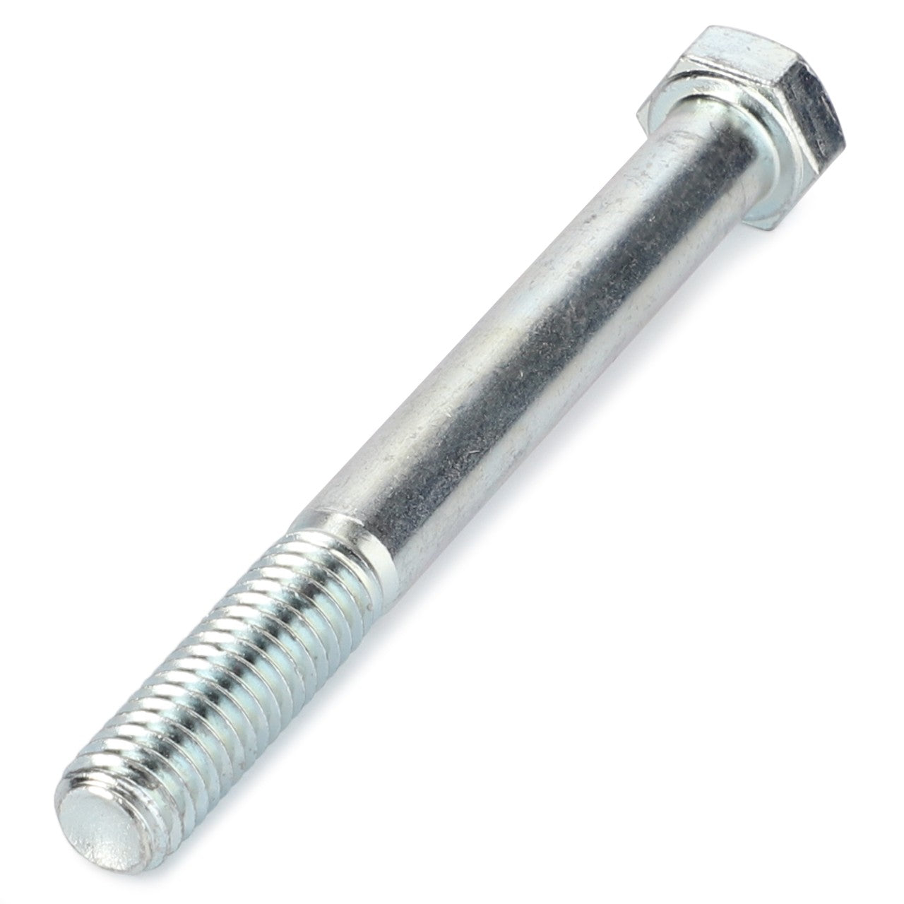 A detailed close-up image of the AGCO HEXAGONAL HEAD BOLT - AG557471, showcasing its finely threaded end and precise hexagonal head.