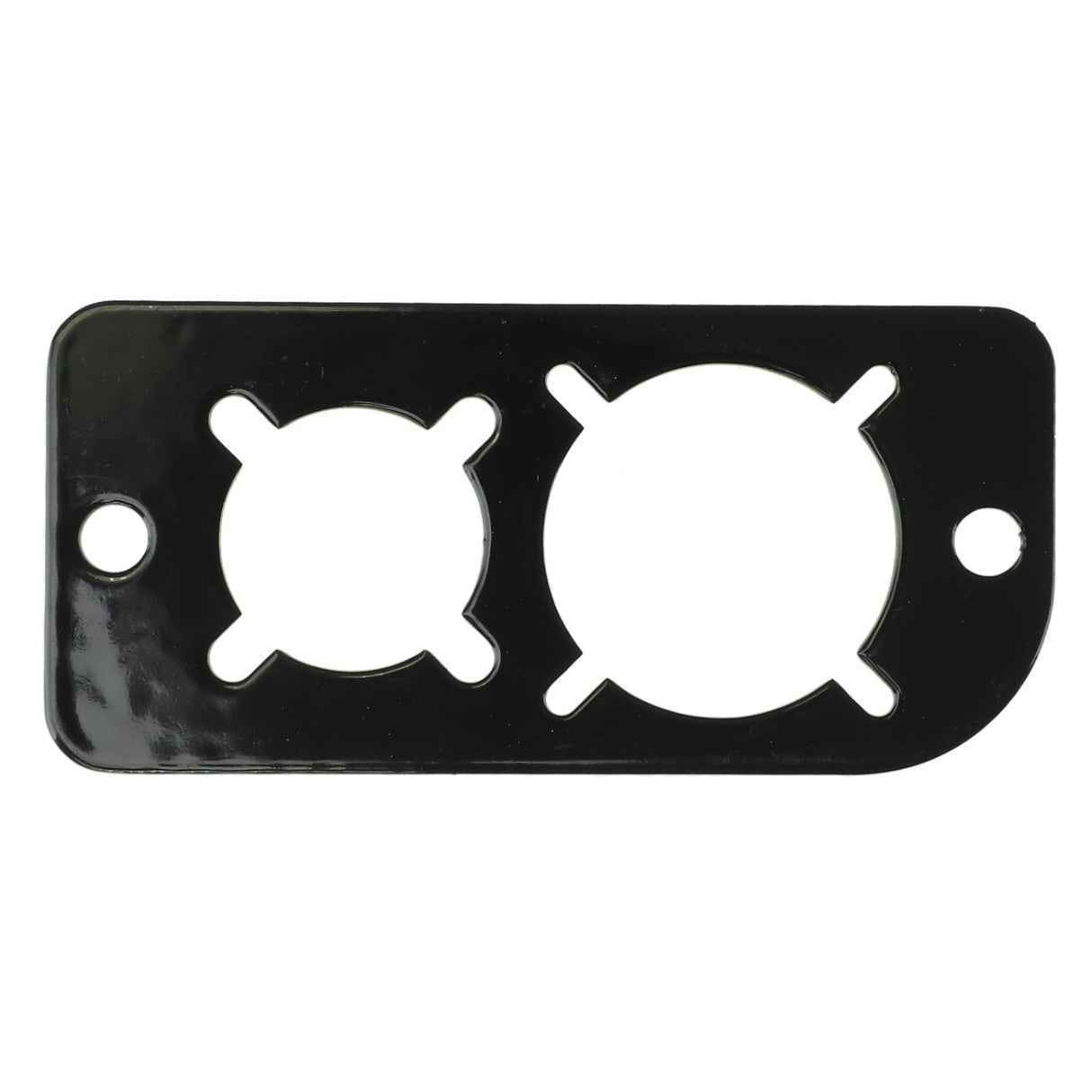 This AGCO Plate (AG136223) is a black, rectangular metal plate featuring two circular cutouts of varying sizes and two small holes positioned on opposite sides.