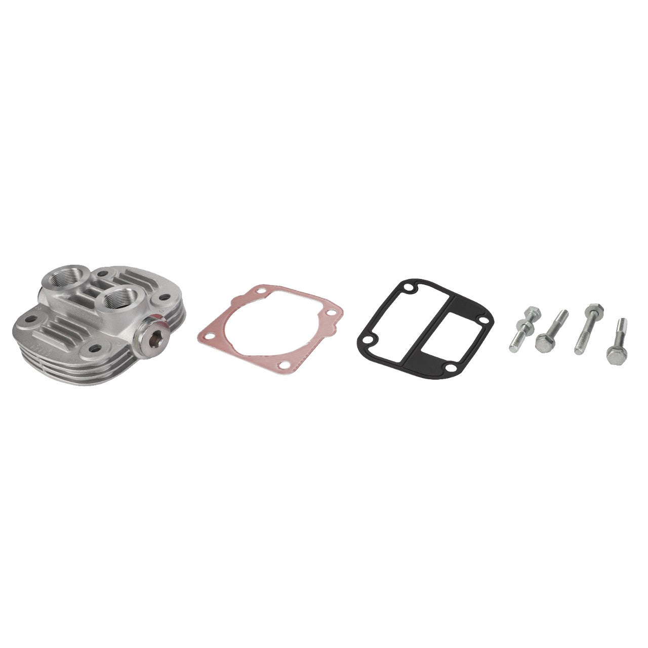 Product: AGCO | Kit, Cyl. Head - Acp0435580, including a metallic cylinder head, two gaskets, and four screws arranged on a white background.