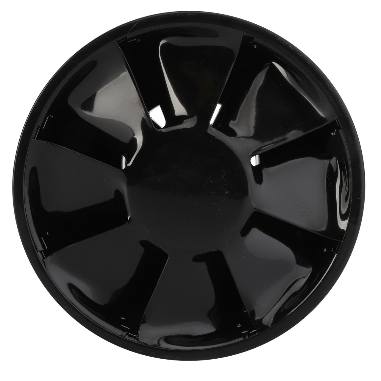 Experience the elegance of the AGCO Prefilter - Acp0224200, a sleek black plastic wheel cover featuring six wide spokes, beautifully designed for a striking overhead view.