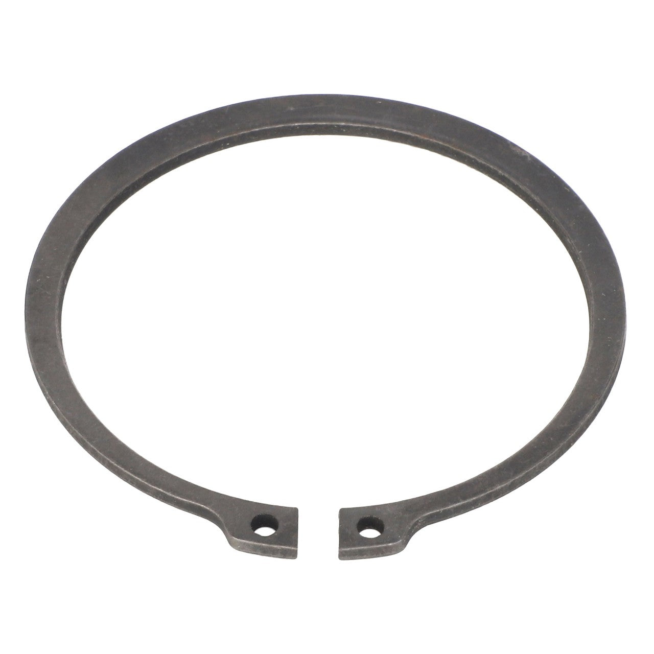 The AGCO | RING - AL5040069 is a metal retaining ring with two small holes near the open ends, designed to fit into a groove on a shaft or in a housing for securing parts.