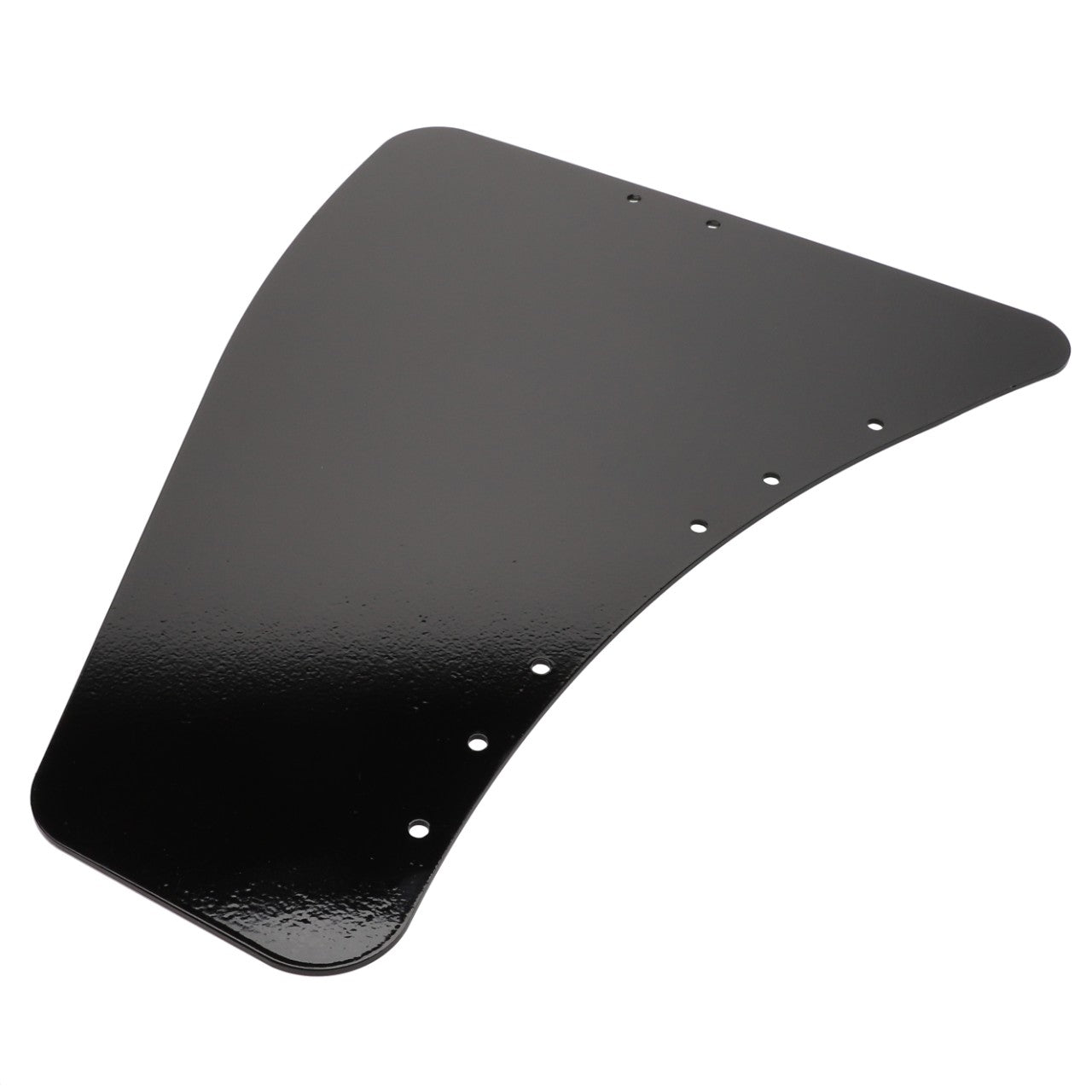 The AGCO | Base Plate - Acw1257470 by AGCO is a black, curved, flat metal plate with multiple holes arranged in rows, making it ideal for various mounting applications.