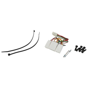 The AGCO SPLITTER - F931502030760 set, featuring electrical connectors with multicolored wires, two black zip ties, a small metal screw, and five black screws against a white background.