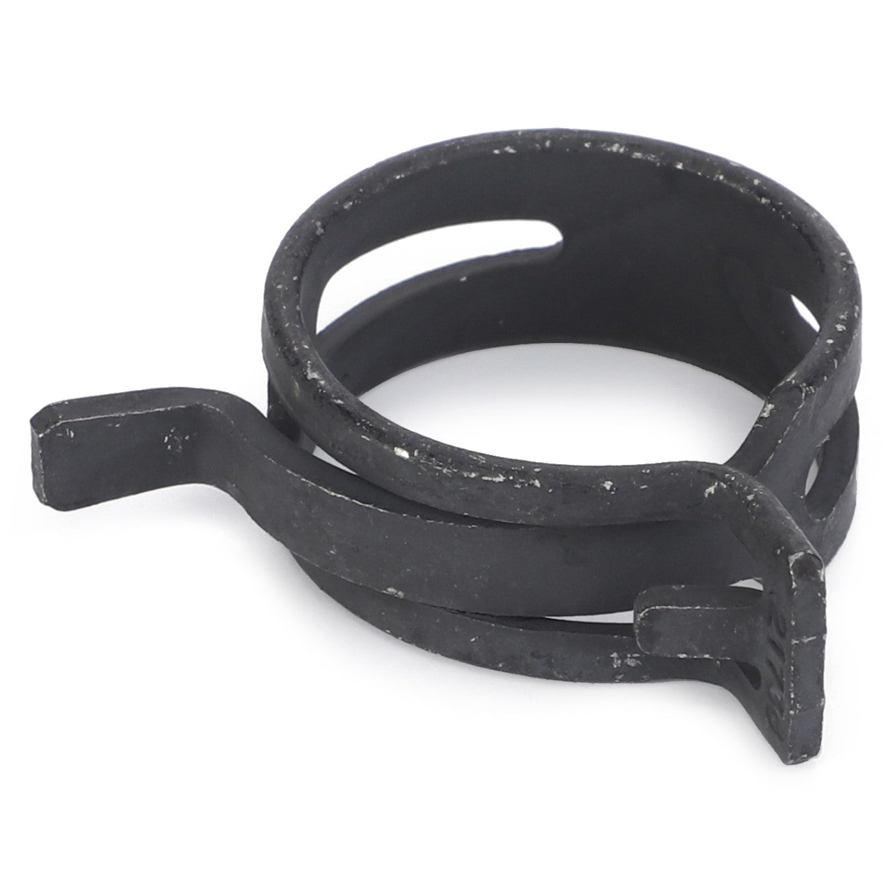 Introducing the AGCO CLIP - F824200090360, a black metal spring hose clamp featuring a looped design and two protruding tabs.