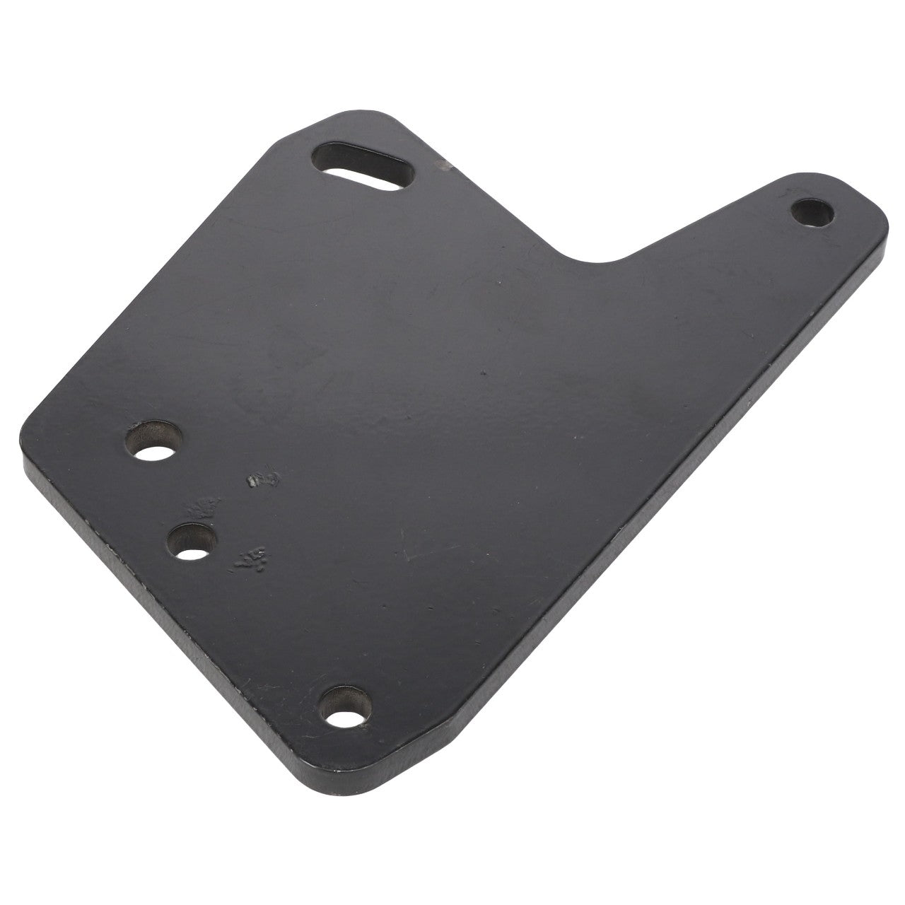 The AGCO | BRACKET - AL10386985, a black metal mounting bracket with multiple holes and slots for attachment by the renowned brand AGCO.