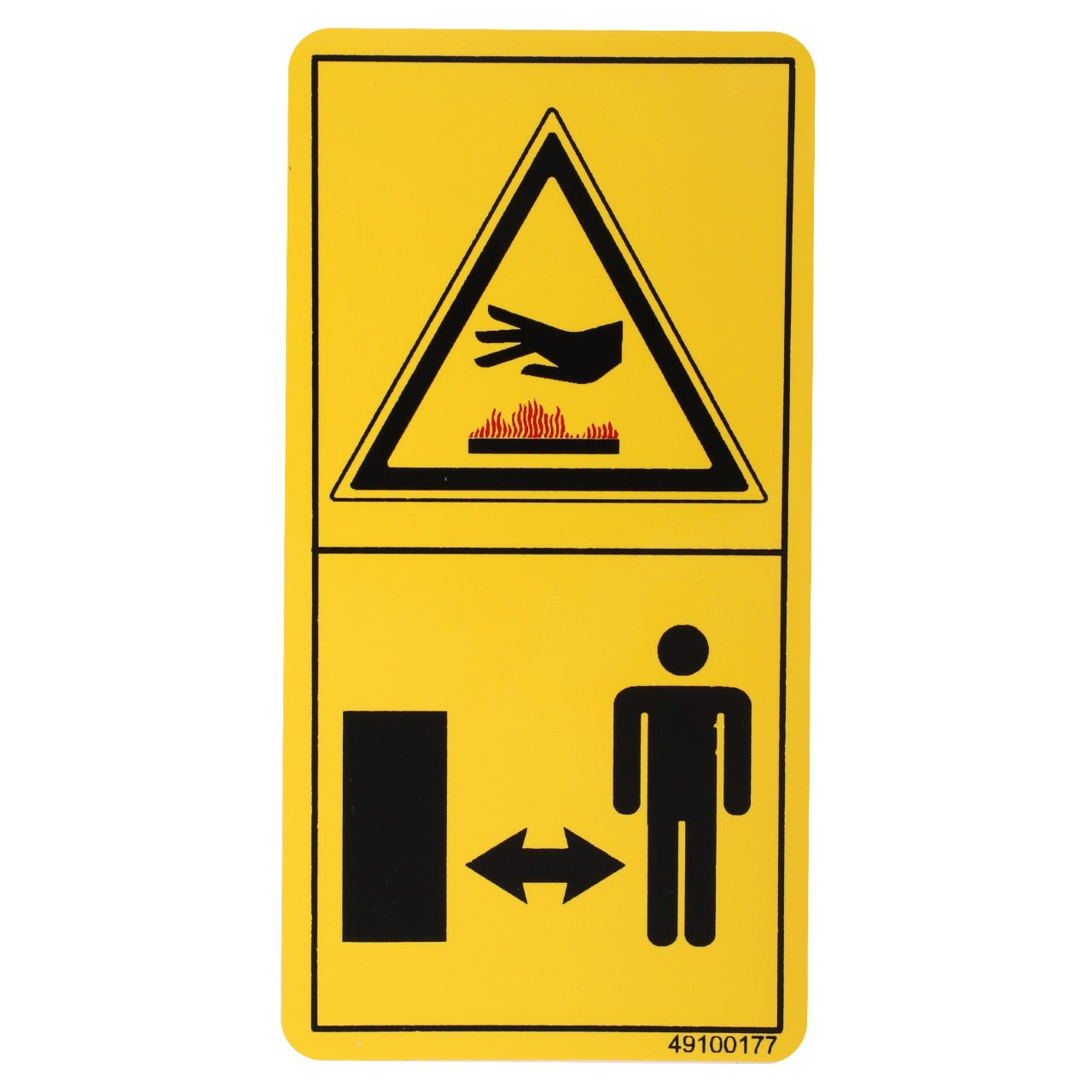 The AGCO | DECAL - D49100177, identified by the brand name AGCO, features a yellow warning sign with a caution symbol illustrating a hand above flames to indicate a burn hazard. It also includes an icon of a person and a door, symbolizing the importance of maintaining a safe distance. No further product description information is available at this time.