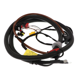 A coiled black wiring harness, neatly integrated with connectors and labeled wires, encased in protective tubing, known as AGCO Harness - Acw012368A.