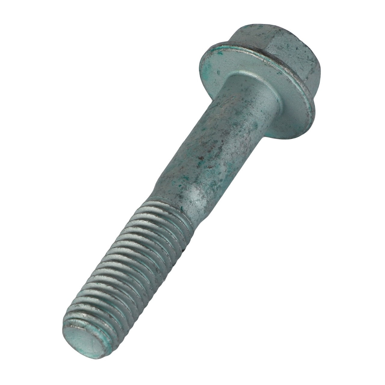 The AGCO Hex Flange Capscrew - F530200710050 is a metal bolt with a hexagonal head and a threaded shaft designed for securing components.