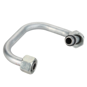 Presenting the AGCO | Brake Pipe - Acw9165340, a high-quality metallic pipe from AGCO with two threaded ends, elegantly bent into a right-angle shape, perfect for your current project needs.