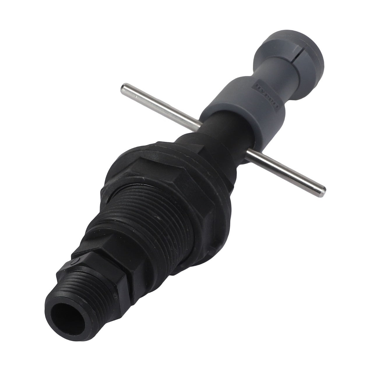 The AGCO | BOTTLE - AG610726, a black and gray plastic pipe fitting tool from the brand AGCO, features a threaded section and a metal crossbar. Unfortunately, no current product description information is available.