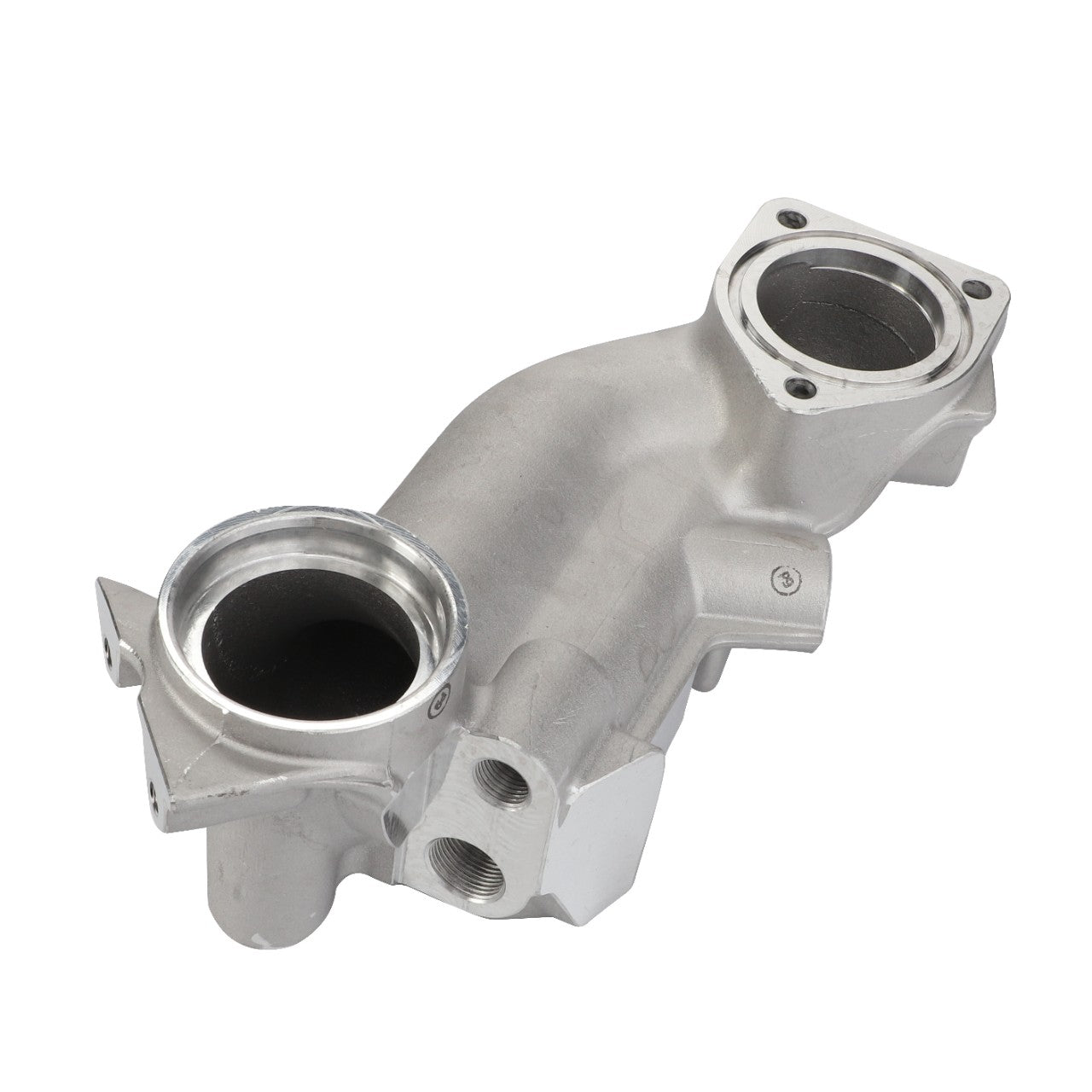 The AGCO | Coolant Manifold - Acp0583780 is a metal automotive component with cylindrical openings and bolt holes, designed for seamless integration into a vehicle's engine or exhaust system.