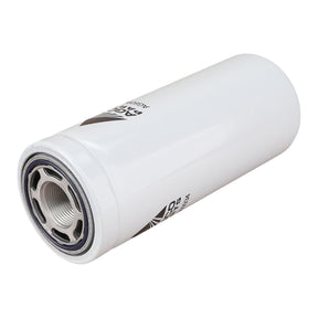 The Hydraulic Filter Spin On - AG609934 by AGCO, a cylindrical white filter featuring a metal base and threaded connector with manufacturer's details in black text and symbols, ensures clean oil for enhancing machine lifespan.