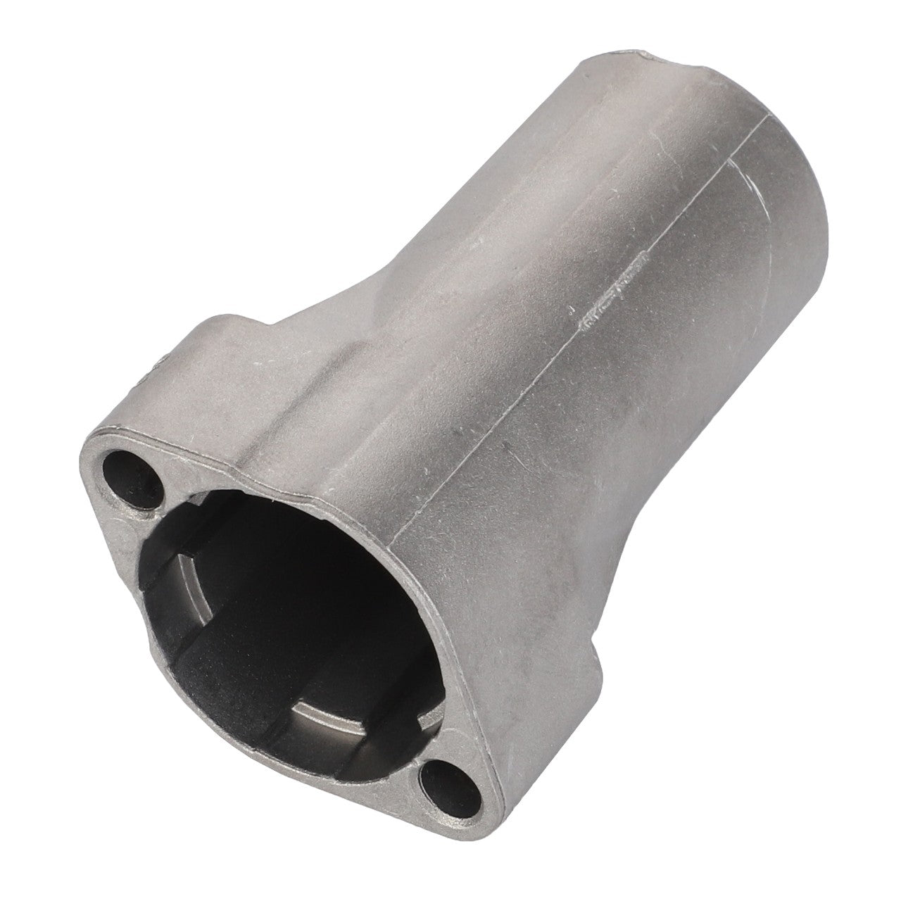 The AGCO | Muff - 3108251M1 is a cylindrical metal part with a flanged end featuring two bolt holes and a hollow interior, suitable for Massey Ferguson models and Fendt models.