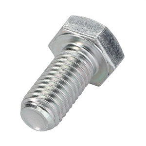 A close-up image of the AGCO Hexagonal Head Bolt - Fel116627, featuring a silver hex bolt with a partially threaded shaft and a hexagonal head, perfect for securing components on Massey Ferguson Mowers.