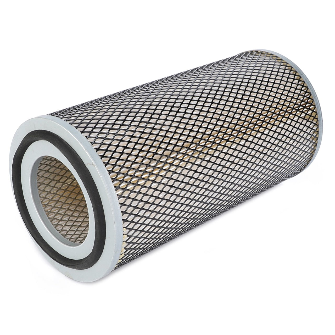 The AGCO Engine Air Filter Cartridge - ACY1162265 is designed with a cylindrical shape, featuring a black mesh outer layer and white rubber ends. It boasts high filtration efficiency, making it ideal for modern engines in various air filtration systems.