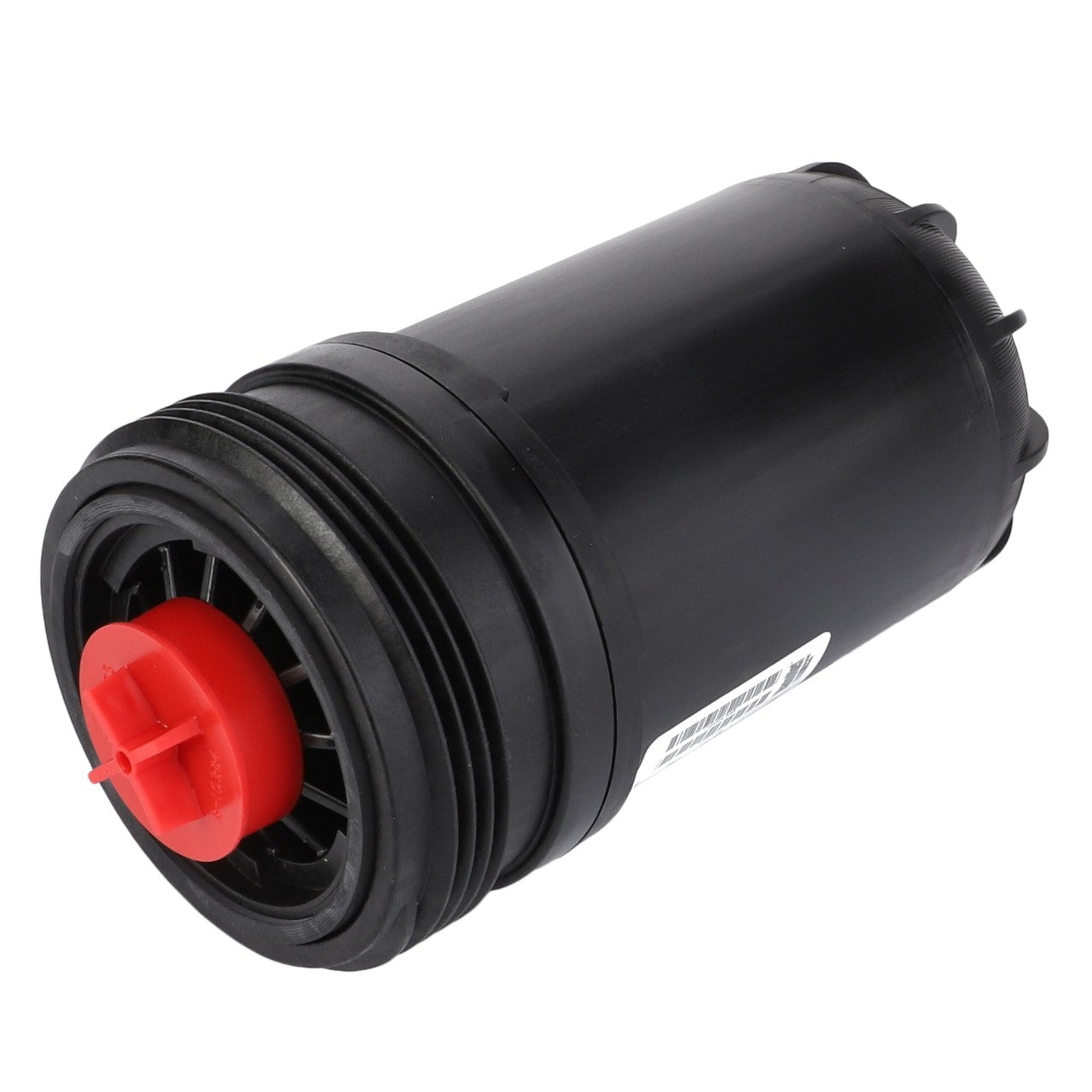 A black cylindrical filter featuring a red interior component and multiple ridges on one end, likely used for filtration purposes in an engine. The object appears to be a Genuine AGCO Fuel Filter Spin On - ACP0534200, branded by AGCO, with a sticker containing some text on it.