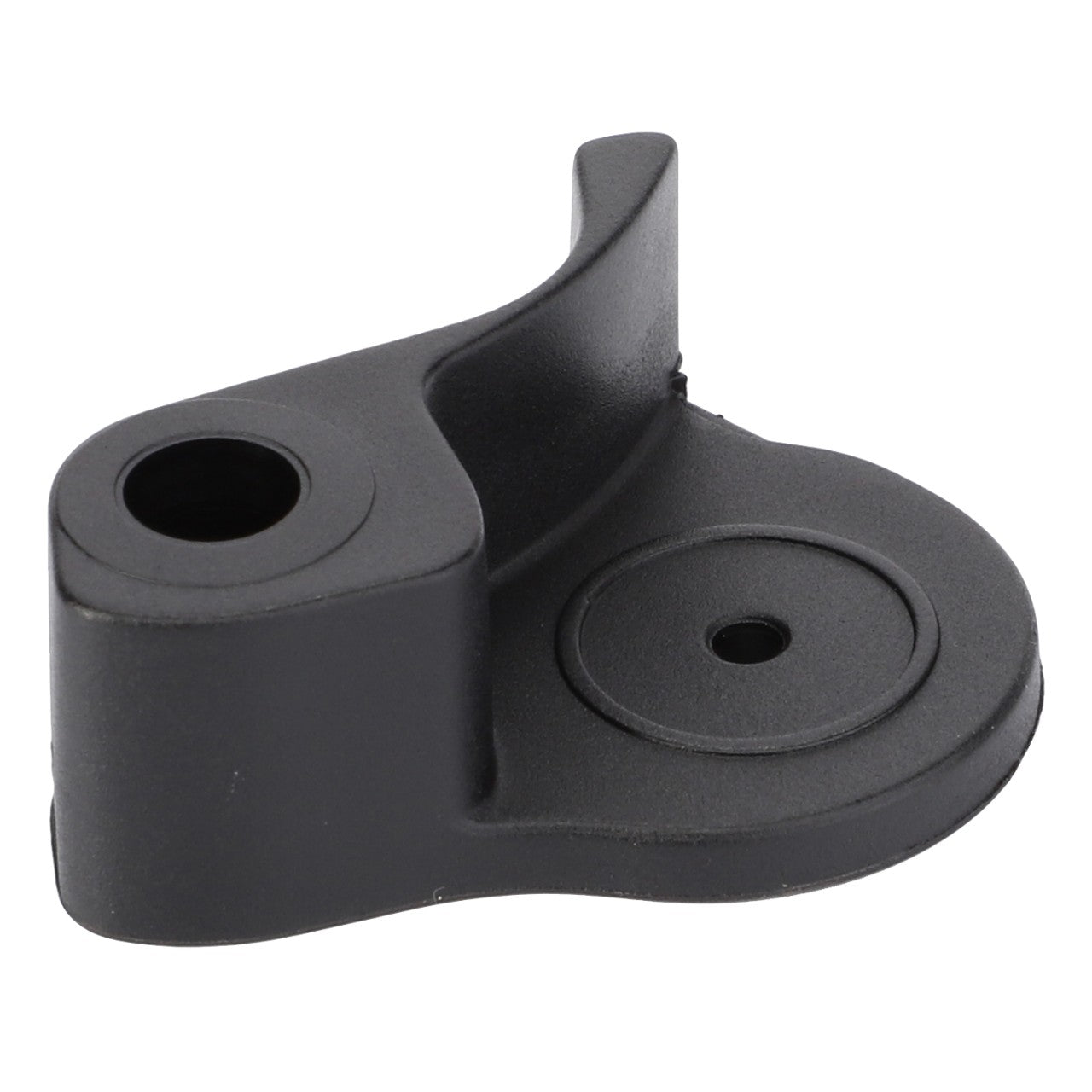 A black plastic mounting bracket, AGCO Shutter - 718960100400 by AGCO, features one circular opening and a slightly raised curved edge, designed for compatibility with Farmer Vario models.