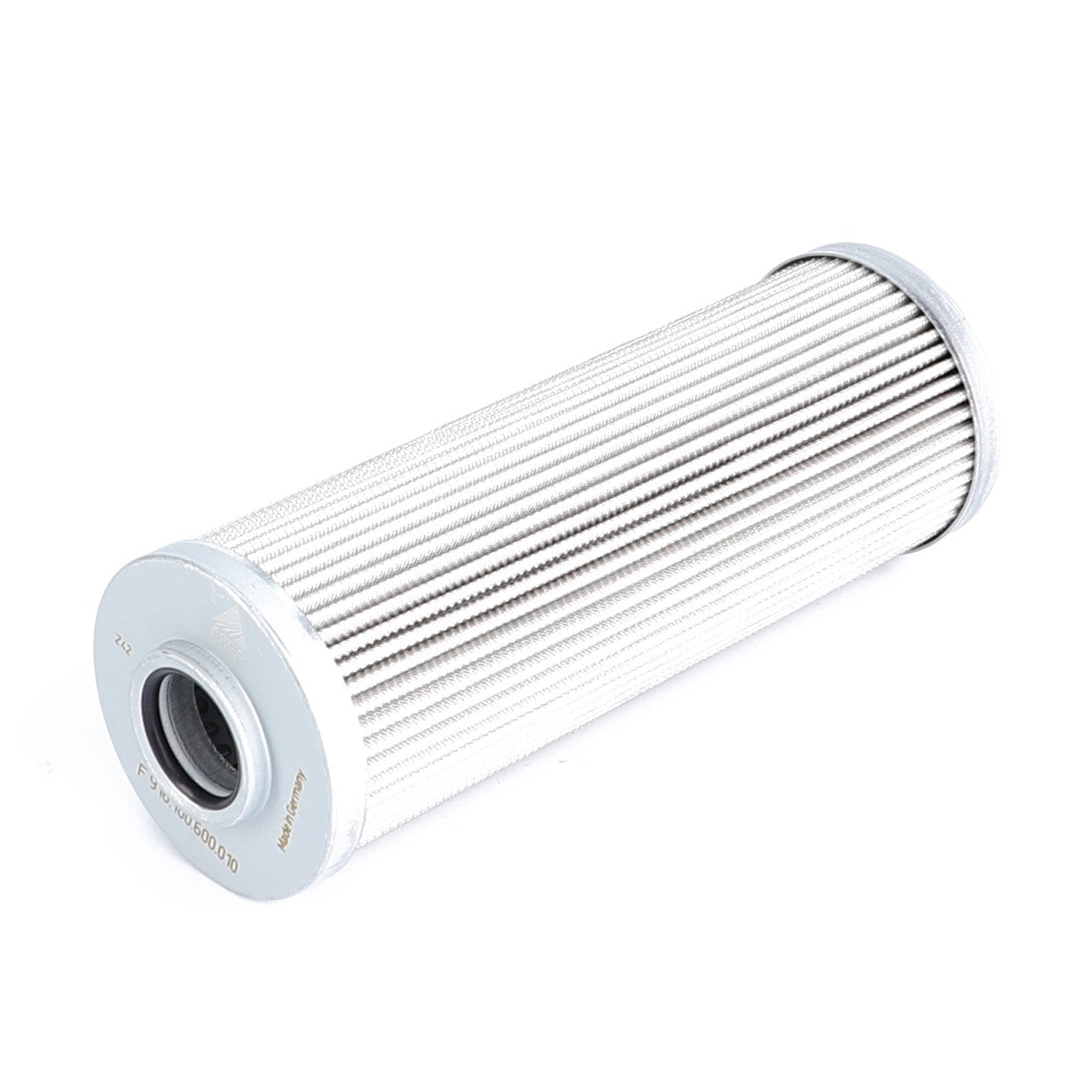 The AGCO Hydraulic Filter Cartridge - F916100600010, equipped with metal ends and a pleated design, is ideal for fluid or air filtration in AGCO Genuine machinery such as the Fendt Vario.