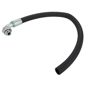 The AGCO Hydr. Hose - 4277410M1 is a flexible black rubber hose with metal couplings on one end, featuring a 90-degree elbow fitting, compatible with Massey Ferguson models such as the MF 6460 and MF 6470.