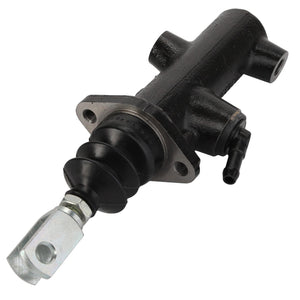 Close-up of the AGCO Brake Cylinder - Acp0420860, featuring a black hydraulic master cylinder with a metal rod and rubber boot at one end, accompanied by a mounting flange and fittings.