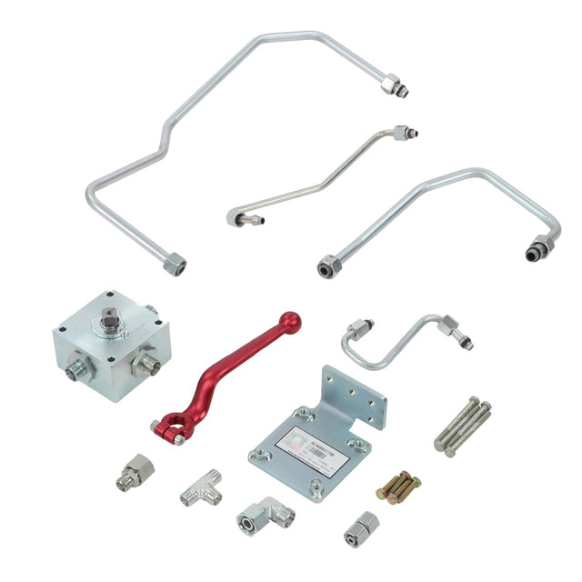 Currently, there is no product description information available for the AGCO | Power Beyond Kit - Acw1549800 by AGCO, which includes metallic automotive components such as tubing, a red lever, a mounting bracket, and various connectors, all arranged on a white background.