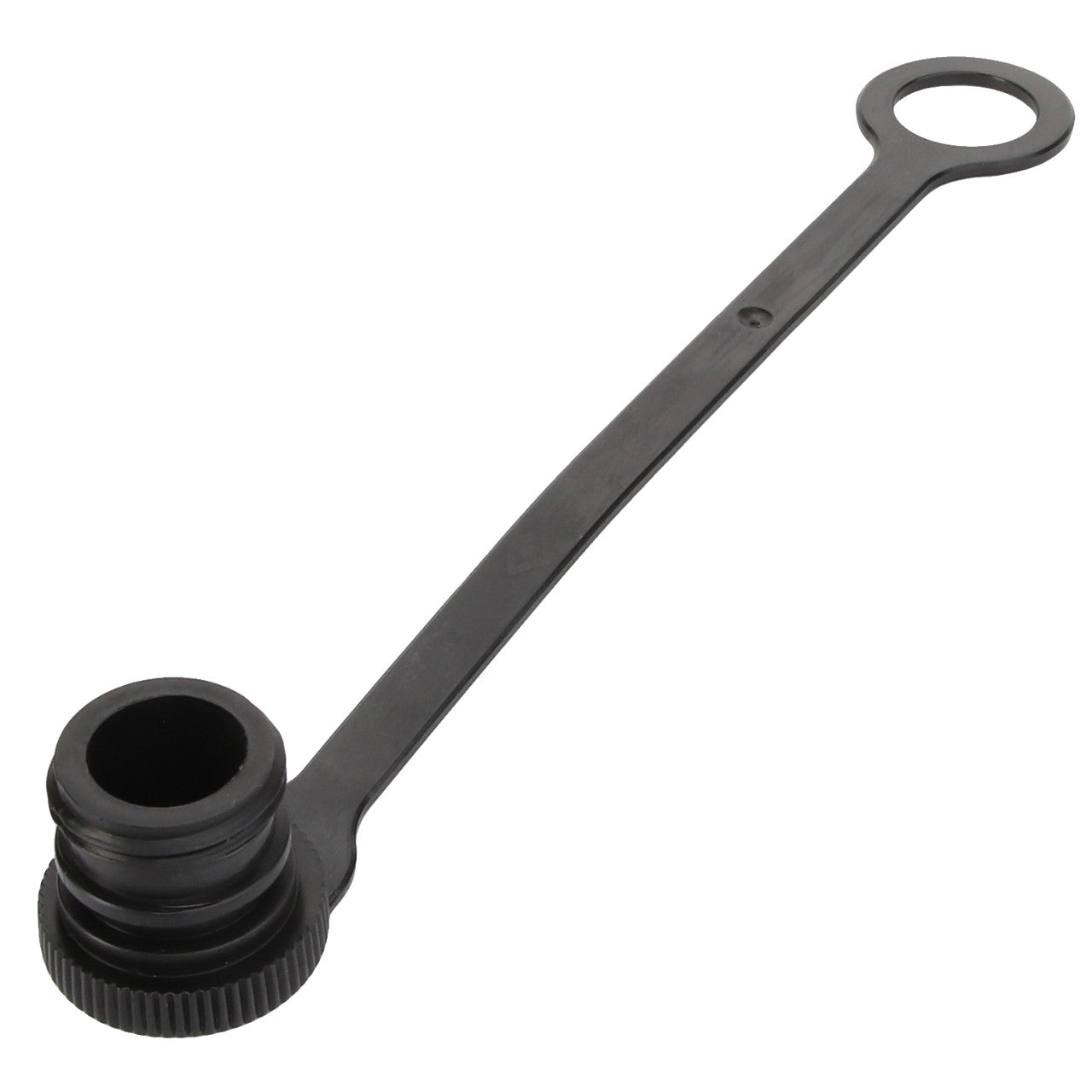 Product Name: AGCO | CAP - D45148000
Brand Name: AGCO

Description: The AGCO CAP - D45148000 is a sleek black plastic cap that includes a cylindrical attachment and an extended strap with a round hole at the end.